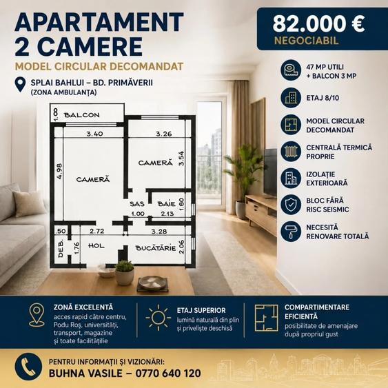 Apartament cu 2 camere decomandat în Podu Roș