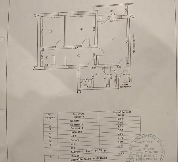 Apartament cu 3 camere semidecomandat în Nord
