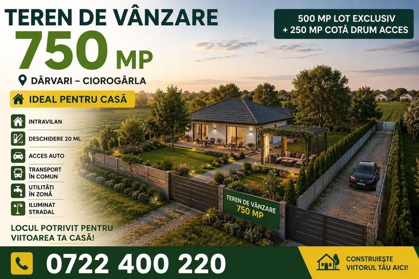 Teren Construcții intravilan de 750 mp, în Dârvari