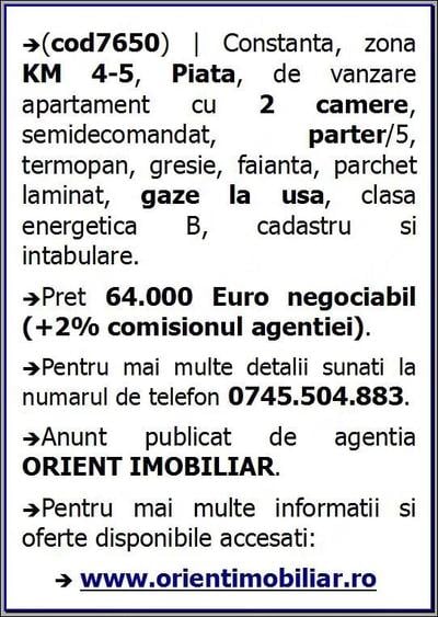 Apartament cu 2 camere semidecomandat în Km 4