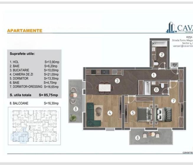 Apartament cu 3 camere semidecomandat în Tineretului