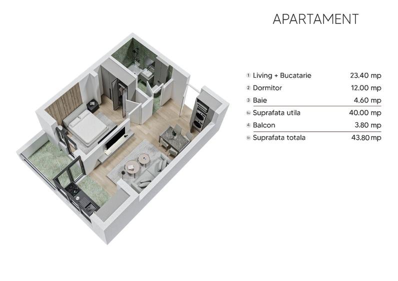 Apartament cu 2 camere semidecomandat în Sud