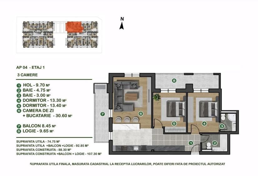Apartament cu 3 camere decomandat în Păcii