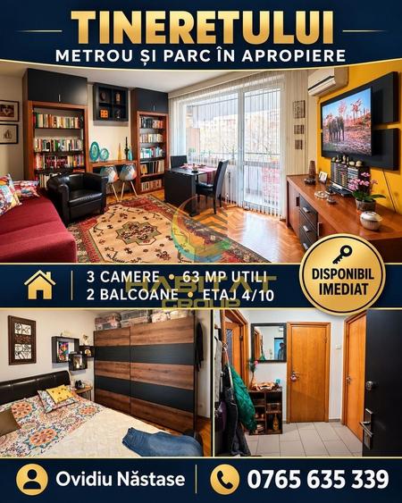 Apartament cu 3 camere semidecomandat, mobilat în Tineretului