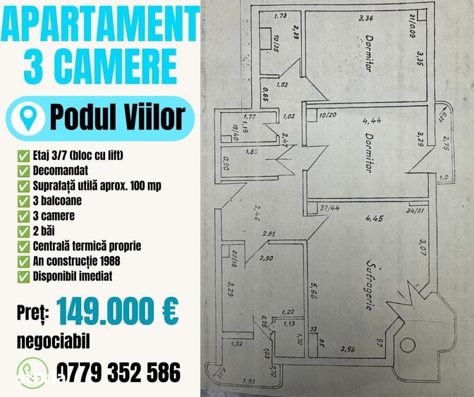 Apartament cu 3 camere decomandat în Central