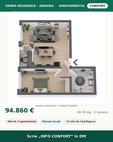 Apartament cu 2 camere decomandat în Apahida