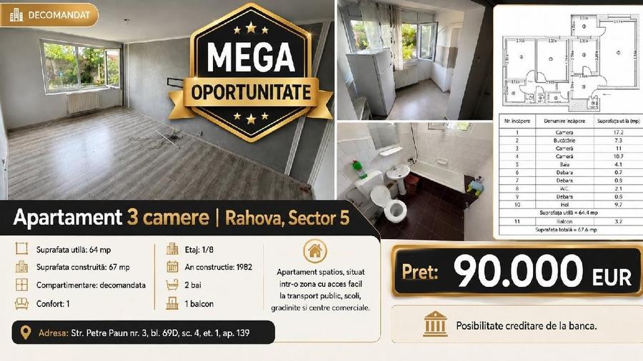 Apartament cu 3 camere decomandat în Rahova