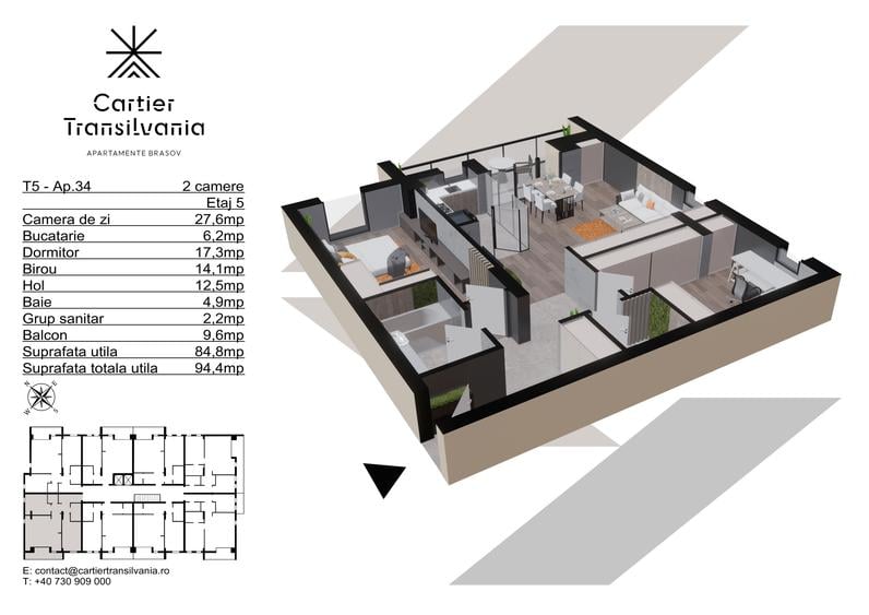 Apartament cu 3 camere decomandat în Noua