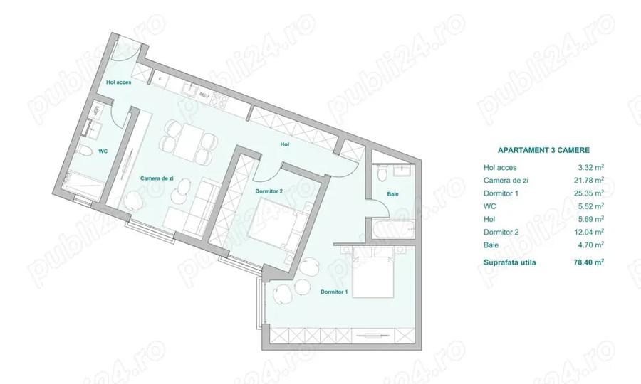 Apartament cu 3 camere decomandat în Plopi
