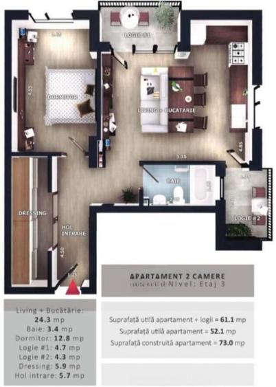 Apartament 2camere, 52,1mp | Zona Vivo | Floresti | - 2