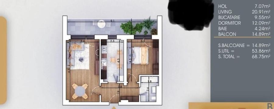Apartament cu 2 camere decomandat în Titan