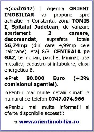 Apartament cu 2 camere decomandat în Tomis II