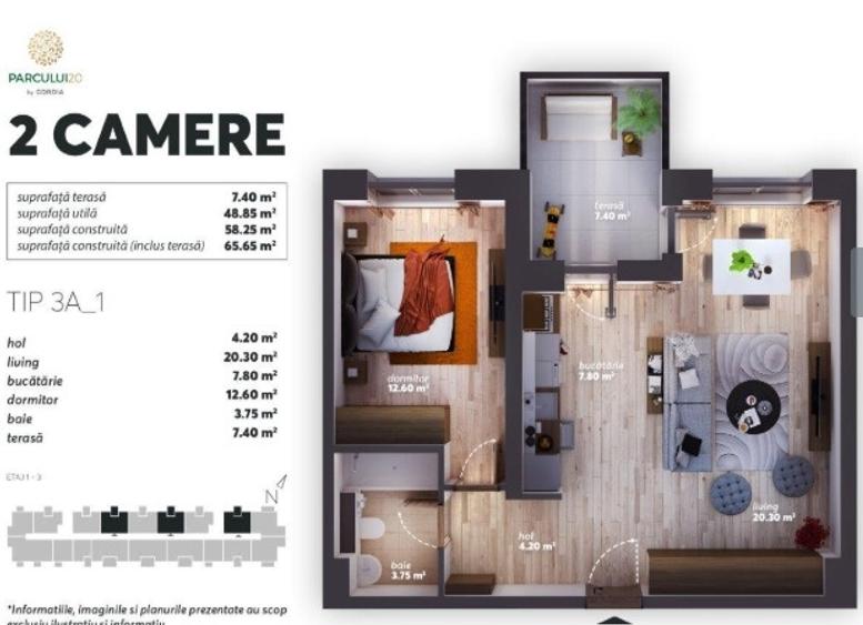 Apartament cu 2 camere semidecomandat, mobilat în Pajura