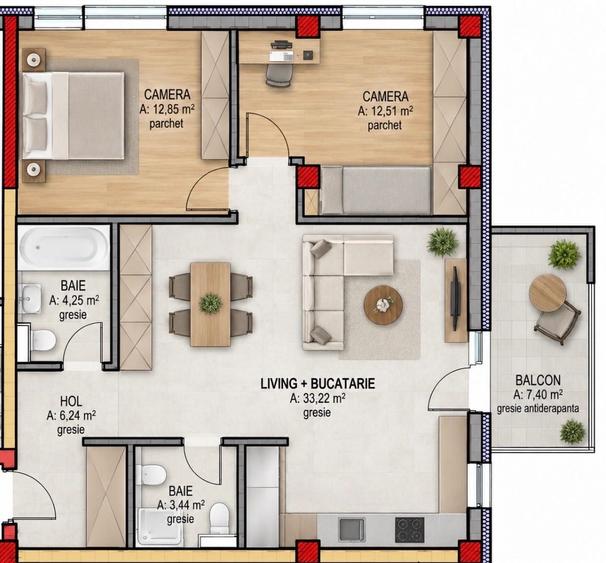 Apartament cu 3 camere decomandat în Central