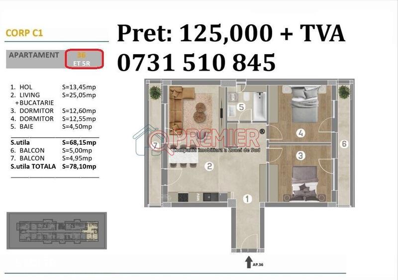 Apartament cu 3 camere în Central