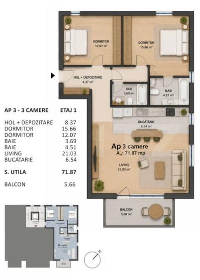 Apartament cu 3 camere semidecomandat în Central