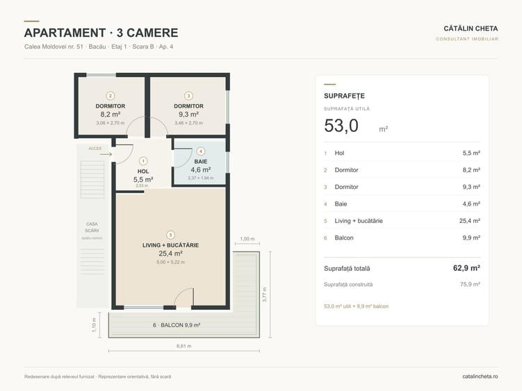 Apartament cu 3 camere decomandat, mobilat în Calea Moldovei