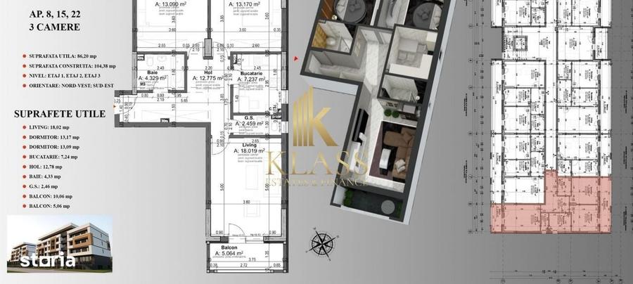 Apartament 2 camere, 63 mp, etaj 1, bloc nou, centrala, parcare, zona - 4
