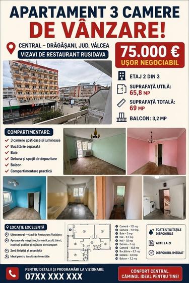Apartament cu 3 camere decomandat în Central