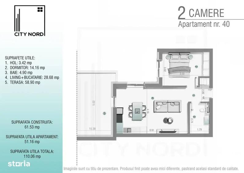 Apartament cu 2 camere în Tunari