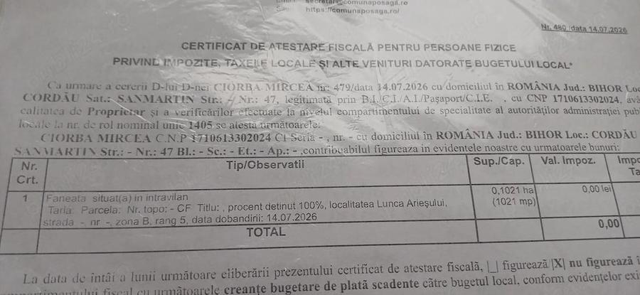 Teren de 1021 mp, în Cordău