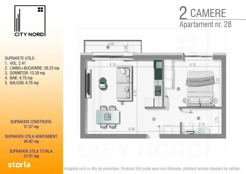 Apartament cu 2 camere în Tunari