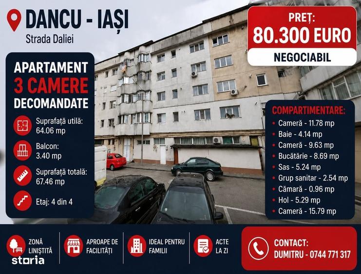 Apartament cu 3 camere decomandat în Dancu