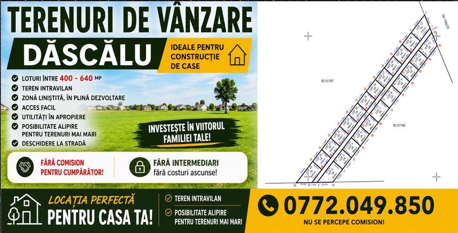 Teren Construcții intravilan de 600 mp, în Dascălu