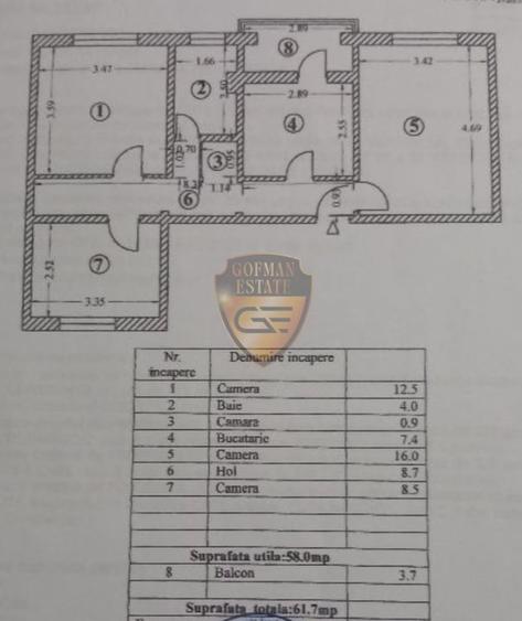 Apartament 3 camere, Inel 1, 62mp, et 3, gaze, decomandat, balcon - 2