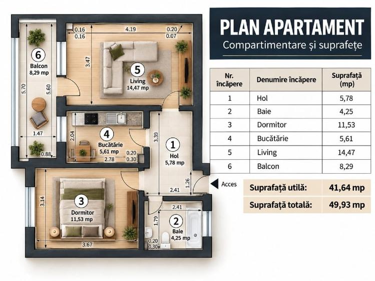 Apartament cu 2 camere decomandat, mobilat în Central