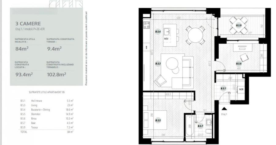 Apartament cu 3 camere semidecomandat, mobilat în Pipera