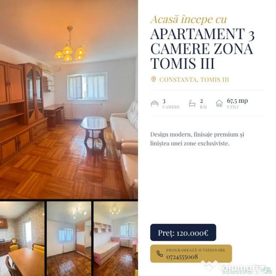 Apartament cu 3 camere decomandat în Tomis III