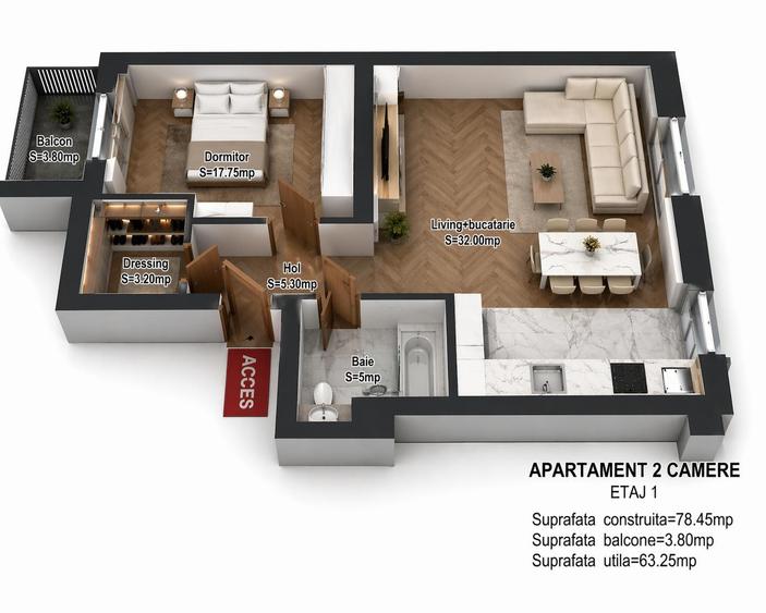 Apartament cu 2 camere decomandat în Jiului