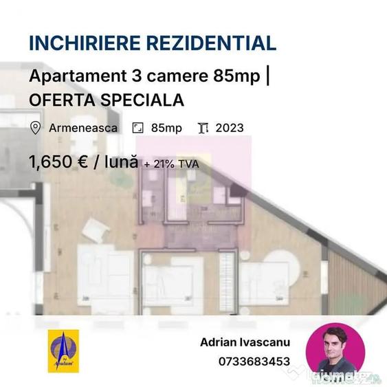Apartament cu 3 camere decomandat în Central