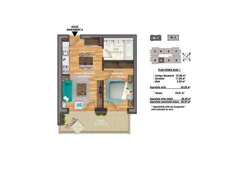 Apartament cu 2 camere semidecomandat în Nerva Traian