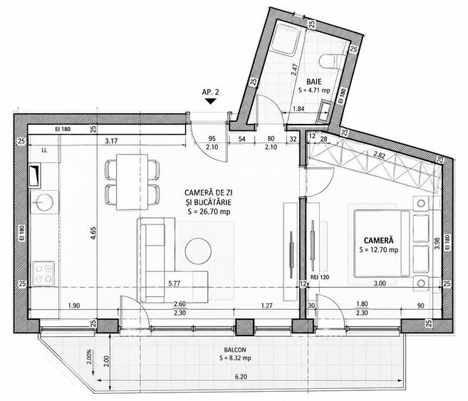 Apartament nou cu 2 camere, etaj 2, in Centru