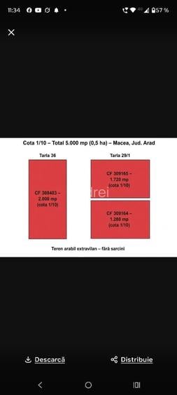 Vand cota 1/10 teren arabil 5000 mp (0,5 ha) Macea Arad