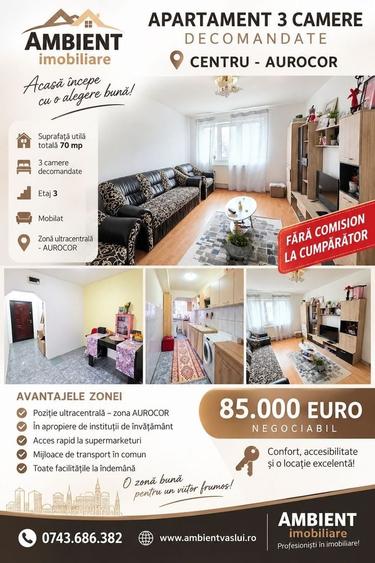 Apartament cu 3 camere decomandat, mobilat în Central