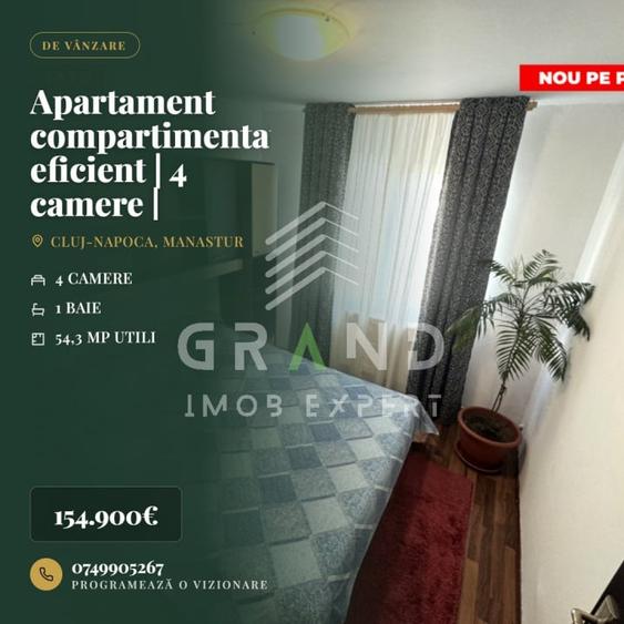Apartament cu 4 camere semidecomandat, mobilat în Mănăștur