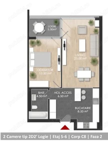 Apartament cu 2 camere semidecomandat în Nord
