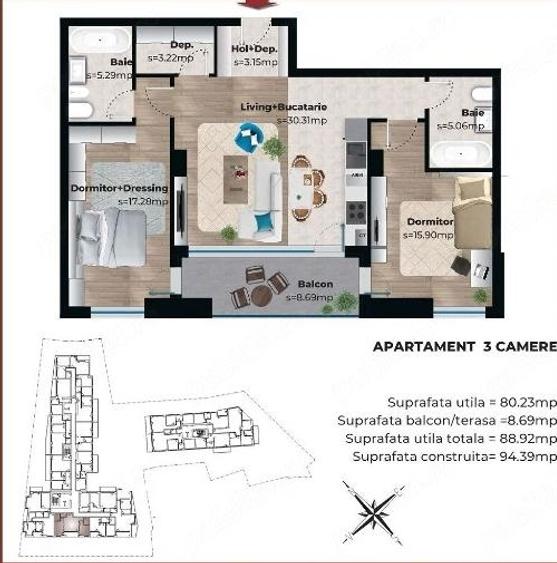 Apartament cu 3 camere decomandat, mobilat în Parcul Carol