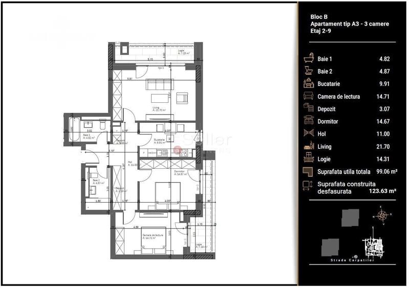 Apartament cu 3 camere în Valea Cetății