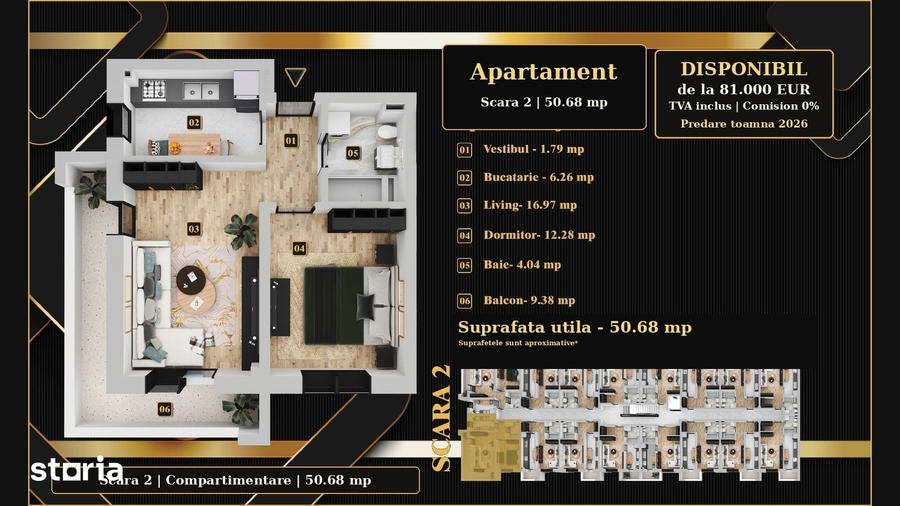 Vezi acum: Zona linistita, Apartament 50,68mp, 81.000 - 2