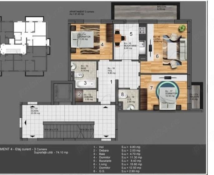 Apartament cu 3 camere decomandat în Central