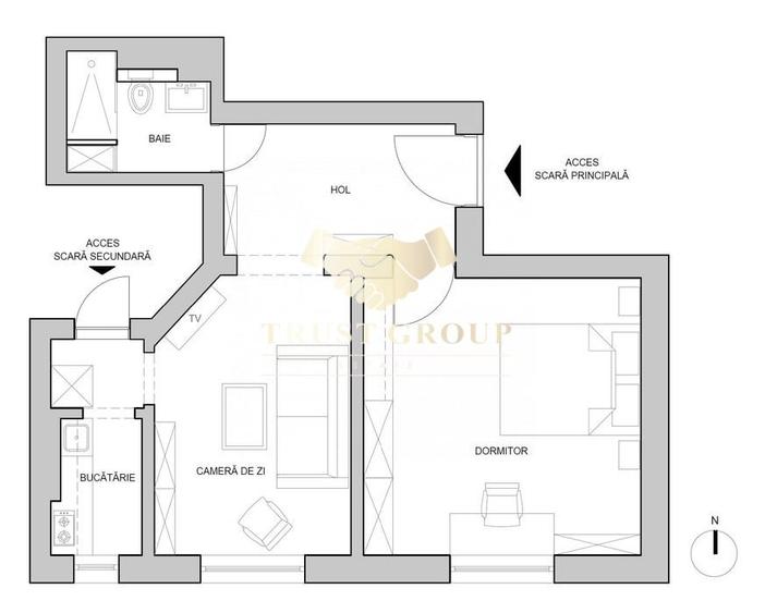 Apartament cu 2 camere decomandat, mobilat în P-ța Victoriei