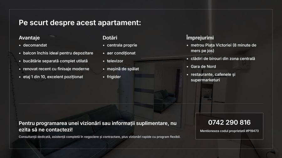 Apartament cu 2 camere semidecomandat, mobilat în P-ța Victoriei