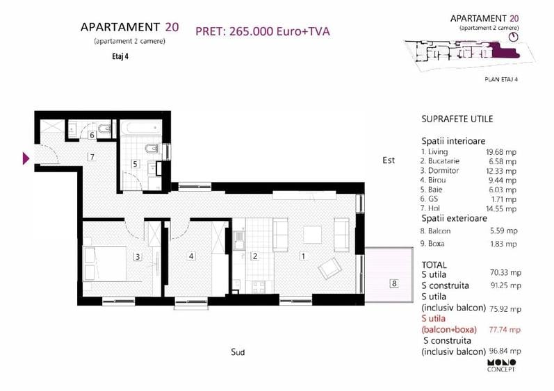 Apartament cu 3 camere decomandat în Dacia