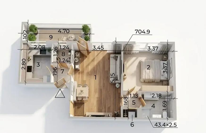 Apartament cu 2 camere semidecomandat, mobilat în 1 Mai