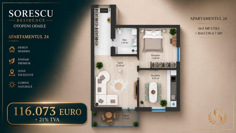 Apartament cu 2 camere decomandat în Odăi