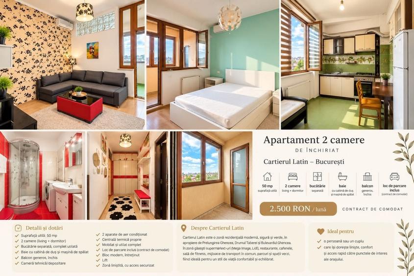 Inchiriere | Proprietar | Apartament 2 camere Cartierul Latin | 50 mp | Parcare | 2 AC - 5